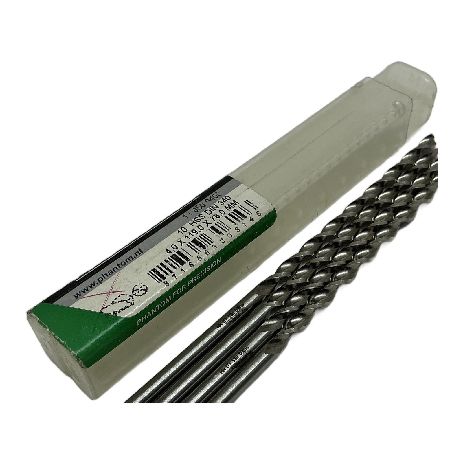 PHANTOM 11.850.0400 HSS Twist Drill DIN340 4x119x78mm (4pcs) PHANTOM 11.850.0400 HSS Twist Drill DIN340 4x119x78mm (4pcs) - Afbeelding 1
